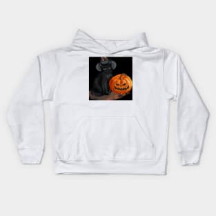 Halloween Cat with Scary Orange Pumpkin and Party Hat Kids Hoodie